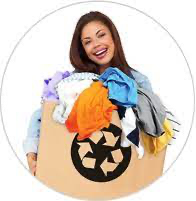 Woman holding a clothes recycling box full of clothes